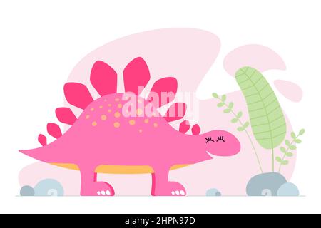 Joli dinosaure rose. Gentil sourire bébé dinosaure stegosaurus. Bannière à motif graphique pour bébé. Design original et créatif pour les filles. Illustration du vecteur de dessin manuel eps Illustration de Vecteur