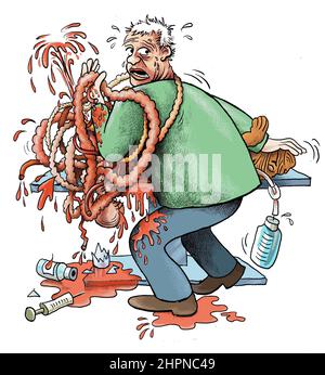 La chirurgie abdominale sur un chien bordelais échoue désespérément : les intestins tombent de l'abdomen et des saignements se produisent. Le vétérinaire a l'air d'en arrière guiltily. Dessin animé Banque D'Images