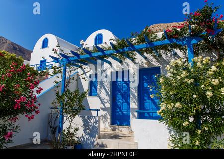 Maison grecque typique avec porte bleue et usine de bougainvilliers en pleine floraison sur l'île de Santorini en Grèce.