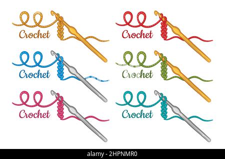 Crochet en crochet à tricoter fait à la main, crochet à crocher avec ensemble d'icônes de fil de coton. Instrument en tricot à la main, motif couture, tricots en tissu. Signe de fil. Vecteur Illustration de Vecteur