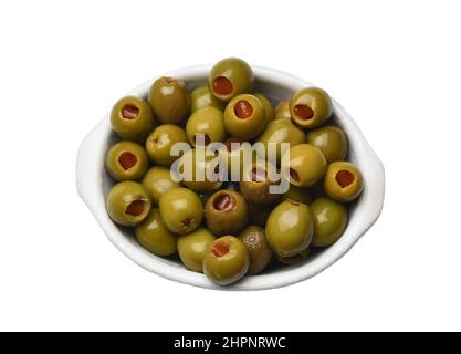 Un plat de relish rempli d'olives vertes farcies au piment Banque D'Images