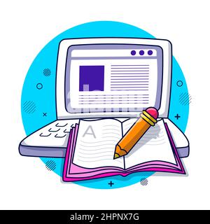 Ordinateur portable avec crayon et livre, illustration pédagogique de dessin animé à la main Illustration de Vecteur