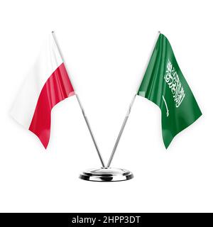 Deux drapeaux de table isolés sur fond blanc 3D illustration, la pologne et l'arabie saoudite Banque D'Images