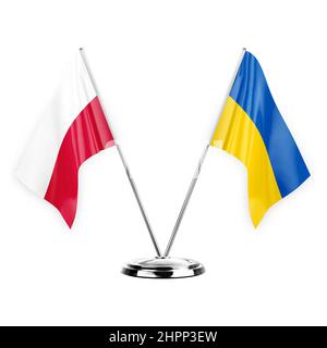 Deux drapeaux de table isolés sur fond blanc 3D illustration, pologne et ukraine Banque D'Images
