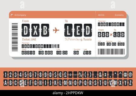 Billet d'avion isolé en blanc avec la police de caractères de l'aéroport. Coupon de vol avec destination dans la police du terminal. Carte vecteur de voyage avec code abc. Noir Illustration de Vecteur