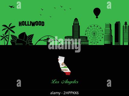 Silhouette d'horizon de la ville de Los Angeles - illustration, ville en fond vert, carte de Californie Illustration de Vecteur