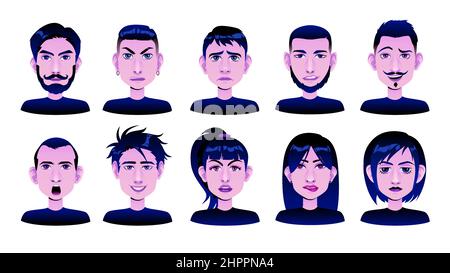 Ensemble d'avatar de visages hommes et femmes avec des expressions émotionnelles. Illustration vectorielle Illustration de Vecteur