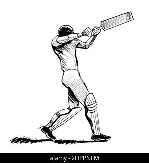 Joueur de cricket. Dessin noir et blanc Banque D'Images