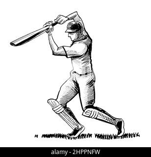 Joueur de cricket. Dessin noir et blanc Banque D'Images