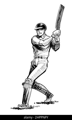 Joueur de cricket. Dessin noir et blanc Banque D'Images