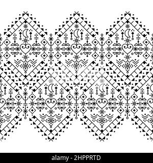 Style art populaire islandais tribal art vectoriel sans couture patten avec coeurs et lunes, long horizontal géométrique textile ou tissu imprimé en inspir Illustration de Vecteur