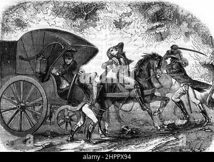 Affaire du courrier de Lyon : affaire criminelle française surlieu à l'époque du gouvernement du Directoire qui redit la France depuis le 26 octobre 1795, théâtre du postillon et du convulsivateur charge de la sécurité du transport de la malle-poste qui va de Paris a Lyon - Joseph Lesurques, Condamne a mort, sera la vicede d'un erreur judiciaire (affaire courrier de Lyon : Affaire criminelle française il s'est produit pendant la Révolution française dans la nuit des 27 et 28 avril 1796, un entraîneur de courrier a été embusqué à l'extérieur de Paris (commune de Vert-Saint-Denis) par plusieurs hommes qui ont volé une grande somme d'argent (7 millions Banque D'Images