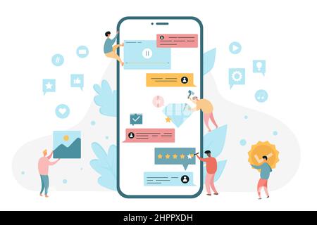 Utilisation des applications mobiles et commentaires des clients. Illustration vectorielle plate pour l'utilisateur de l'application logicielle Illustration de Vecteur