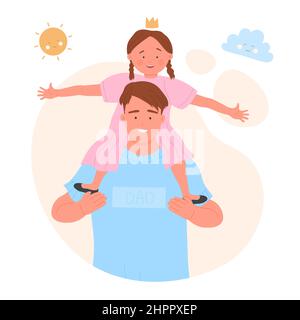 Bonne fille assise sur le cou de papa souriant. Passer de beaux moments en famille ensemble, fille assise sur les épaules illustration vectorielle plate Illustration de Vecteur