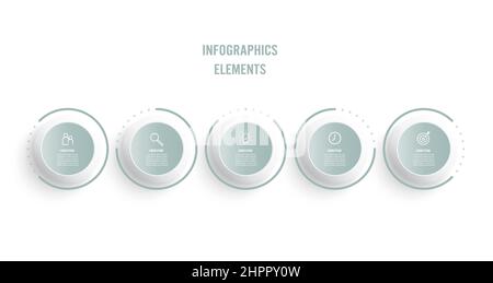 Infographie d'entreprise processus en ligne fine avec modèle de cercles avec icônes et 5 options ou étapes. Illustration vectorielle. Illustration de Vecteur