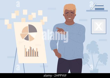 Analyse de marché ou statistiques économiques et financières présentation de l'illustration vectorielle de l'homme d'affaires. Homme de dessin animé analyste montrant sur le diagramme de rapport de données, le coach d'affaires debout près du tableau de conférence Illustration de Vecteur