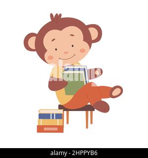 Un singe mignon et souriant assis sur une chaise et lisant. Animal tropical avec une pile de livres dessin animé illustration vectorielle Illustration de Vecteur