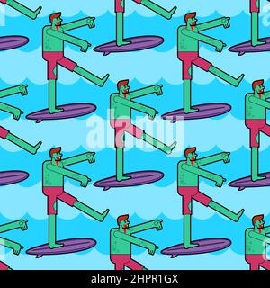 Motif de surfeur zombie sans coutures. Homme mort sur fond de surf. Texture vectorielle Illustration de Vecteur