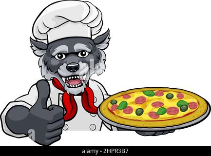 Wolf Pizza Chef Cartoon Restaurant Mascot Sign Illustration de Vecteur