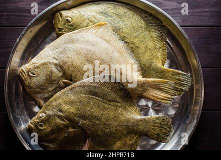 tout le poisson flet est cru et propre, prêt à cuire Banque D'Images