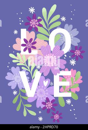Affiche A4 motif floral tendance avec l'inscription AMOUR dans la couleur lavande très péri. Carte de vœux ou invitation parfaite. Banque D'Images