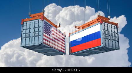 Conteneurs de marchandises avec drapeaux nationaux de la Russie et des États-Unis. 3D rendu Banque D'Images