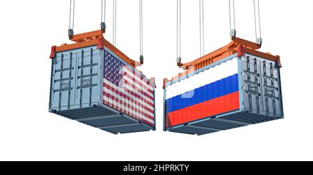 Conteneurs de marchandises avec drapeaux nationaux de la Russie et des États-Unis. 3D rendu Banque D'Images