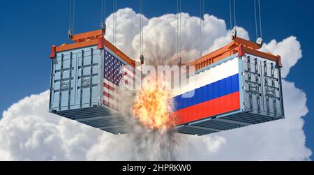 Guerre commerciale. Des conteneurs de marchandises avec des drapeaux nationaux de la Russie et des États-Unis entrant en collision. 3D rendu Banque D'Images