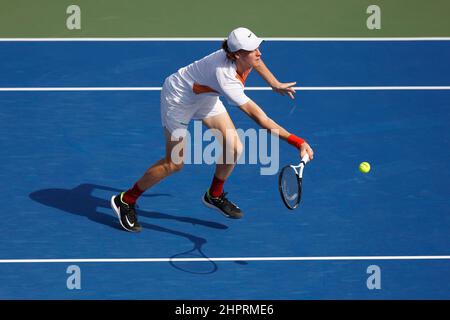 Dubaï, Émirats arabes Unis, 23. Fév. 2022. Jannik, joueur de tennis italien, est en action lors du tournoi des Championnats de tennis duty Free de Dubaï au stade de tennis duty Free de Dubaï, le mercredi 23February 2022., © Juergen Hasenkopf / Alamy Live News Banque D'Images