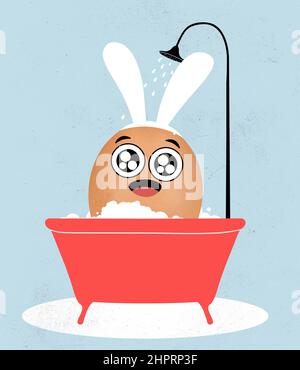 Peint drôle oeuf mignon mignon dans le style de dessin animé comme le lapin de pâques prenant le bain. Bonne tradition de Pâques, humeur. Concept de vacances, printemps, célébration Banque D'Images