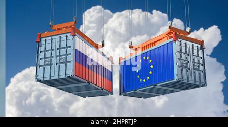 Guerre commerciale. Des conteneurs de marchandises avec des drapeaux de la Russie et de l'Union européenne en collision. 3D rendu Banque D'Images