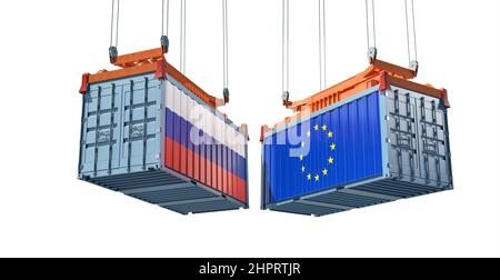 Guerre commerciale. Des conteneurs de marchandises avec des drapeaux de la Russie et de l'Union européenne en collision. 3D rendu Banque D'Images