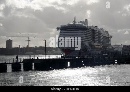 Kiel, Allemagne. 23rd févr. 2022. Le bateau de croisière 'Aidacosma' est amarré au quai de la mer Baltique dans le fjord de Kiel. Credit: Marcus Brandt/dpa/Alay Live News Banque D'Images