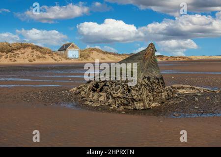 Un vieux naufrage sur la plage au village côtier de Newburgh, Aberdeenshire, Écosse, vu à marée basse Banque D'Images