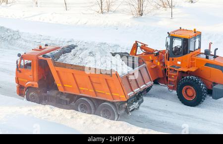 Un gros tracteur orange nettoie la neige de la route et la charge dans le camion.Nettoyage et nettoyage des routes de la ville de la neige en hiver Banque D'Images