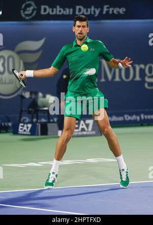 Dubaï, Émirats arabes Unis, 23rd février 2022. Le joueur serbe de tennis Novak Djokovic en action au tournoi des Championnats de tennis duty Free de Dubaï au Stade de tennis duty Free de Dubaï le mercredi 23 février 2022., © Juergen Hasenkopf / Alamy Live News Banque D'Images