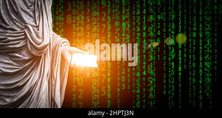 Expérience en technologie de données numériques. Une main avec un smartphone sur l'arrière-plan du code de programme dans le style de la matrice. Internet, réseau, communications, concept de logiciel informatique. Illustration de haute qualité Banque D'Images