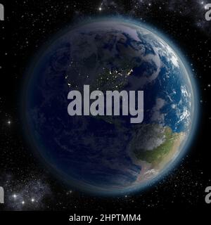 3D Illustration de la Terre, avec nuit au-dessus de l'Amérique du Nord rendue avec une surface détaillée, pour les milieux de la science et de l'exploration spatiale. Projection de surface Banque D'Images