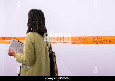 Madrid, Espagne. 23rd févr. 2022. Un visiteur a vu observer une œuvre d'art pendant l'édition 41 d'ARCO.ARCO Madrid est le salon international de l'art contemporain de l'Espagne qui, depuis 1982, a été l'une des principales plates-formes de marché de l'art et une pièce essentielle dans le circuit international consacré à la promotion et à la diffusion de la création artistique. Crédit : SOPA Images Limited/Alamy Live News Banque D'Images