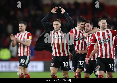 Sheffield, Angleterre, le 23rd février 2022. Billy Sharp, de Sheffield United, célèbre le match du championnat Sky Bet à Bramall Lane, Sheffield. Crédit photo devrait lire: Isaac Parkin / Sportimage Banque D'Images