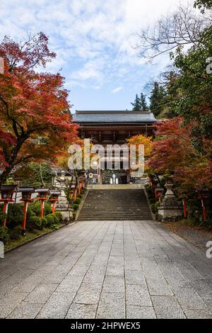 Un chemin bordé de lanternes avec des escaliers menant au temple Kurama-dere au nord de Kyoto, au Japon, le matin de l'automne. Banque D'Images