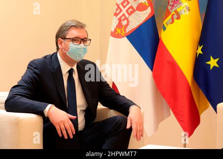 Madrid, espagnol. 23rd févr. 2022. Madrid, Espagne, 23.02.2022.- le Président du Gouvernement, Pedro Sánchez, reçoit le Président de la République de Serbie, Aleksandar Vucic crédit: Juan Carlos Rojas/dpa/Alay Live News Banque D'Images