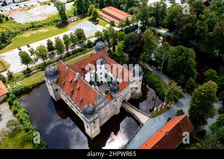 Vue aérienne, château mitwitz amarré, quartier de Kronach, haute-Franconie, Bavière, Allemagne Banque D'Images