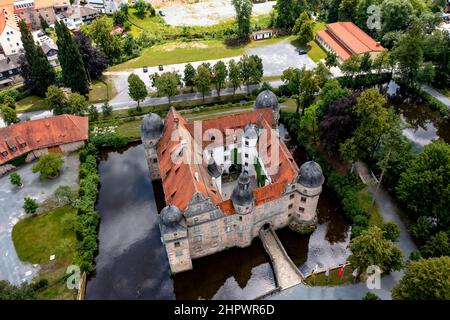 Vue aérienne, château mitwitz amarré, quartier de Kronach, haute-Franconie, Bavière, Allemagne Banque D'Images