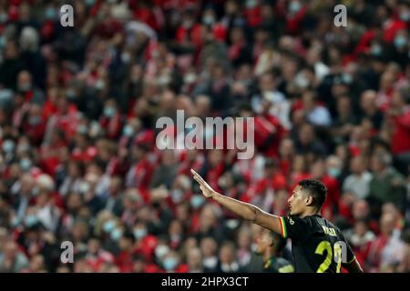 Lisbonne, Portugal. 23rd févr. 2022. Sébastien Haller, d'Ajax, célèbre après avoir marquant un but lors du match de 16 1st jambes de la Ligue des champions de l'UEFA entre SL Benfica et l'AFC Ajax à Lisbonne, Portugal, le 23 février 2022. Crédit : Petro Fiuza/Xinhua/Alay Live News Banque D'Images