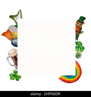 Cadre vertical de la Saint-Patrick aquarelle sur fond blanc. Illustration peinte à la main avec leprechaun, arc-en-ciel, bière, shamrock, trèfle, harpe, pot Banque D'Images