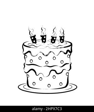 gâteau d'anniversaire noir et blanc pour enfants avec quatre bougies. illustration isolée sur fond blanc Banque D'Images