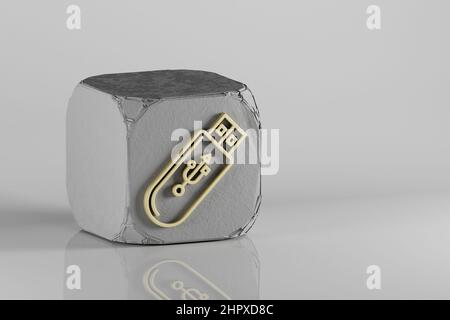 Icône de périphérique Pendrive. De magnifiques symboles de musique Golden sur un cube de beton et un fond en céramique blanche. 3d illustration du rendu. Motif d'arrière-plan Banque D'Images