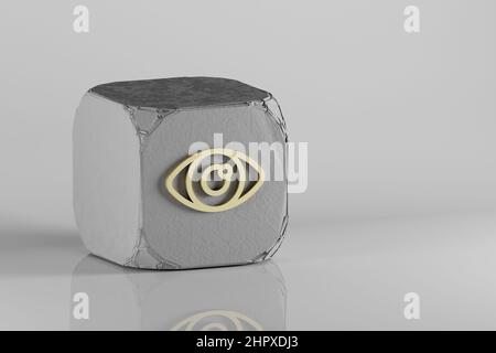 Icône œil. Magnifiques icônes Golden sur un cube beton et un fond en céramique blanche. 3d illustration du rendu. Motif d'arrière-plan pour la conception. Banque D'Images