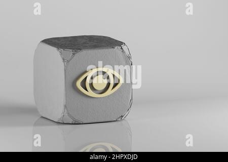 Icône œil. Magnifiques icônes Golden sur un cube beton et un fond en céramique blanche. 3d illustration du rendu. Motif d'arrière-plan pour la conception. Banque D'Images